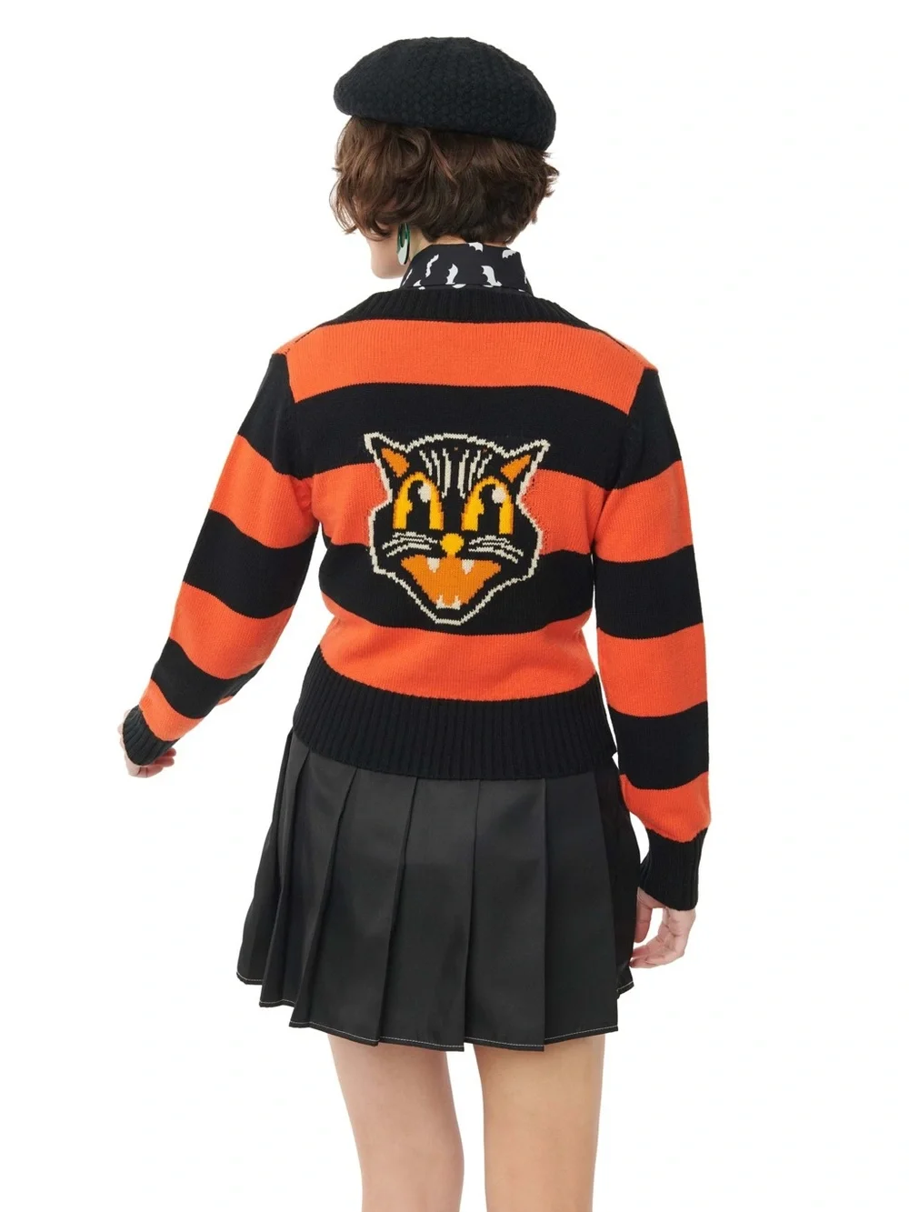 Orange/Black Striped Knit V-Neck Button-Front Embroidered Cat Cardigan S